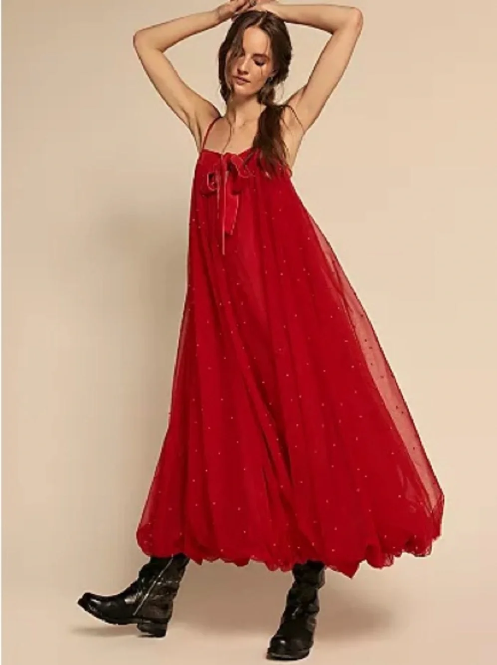 Free People Show Stopper Maxi Dress Red Embellished Mesh – Size Small